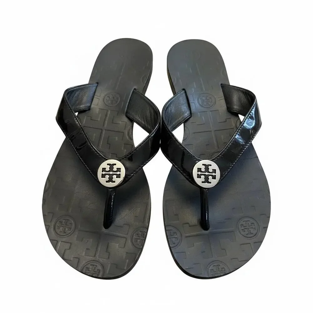 Tory Burch Emmy Black Patent Leather Thong Sandal Flip Flop Silver Logo Size 7⁠